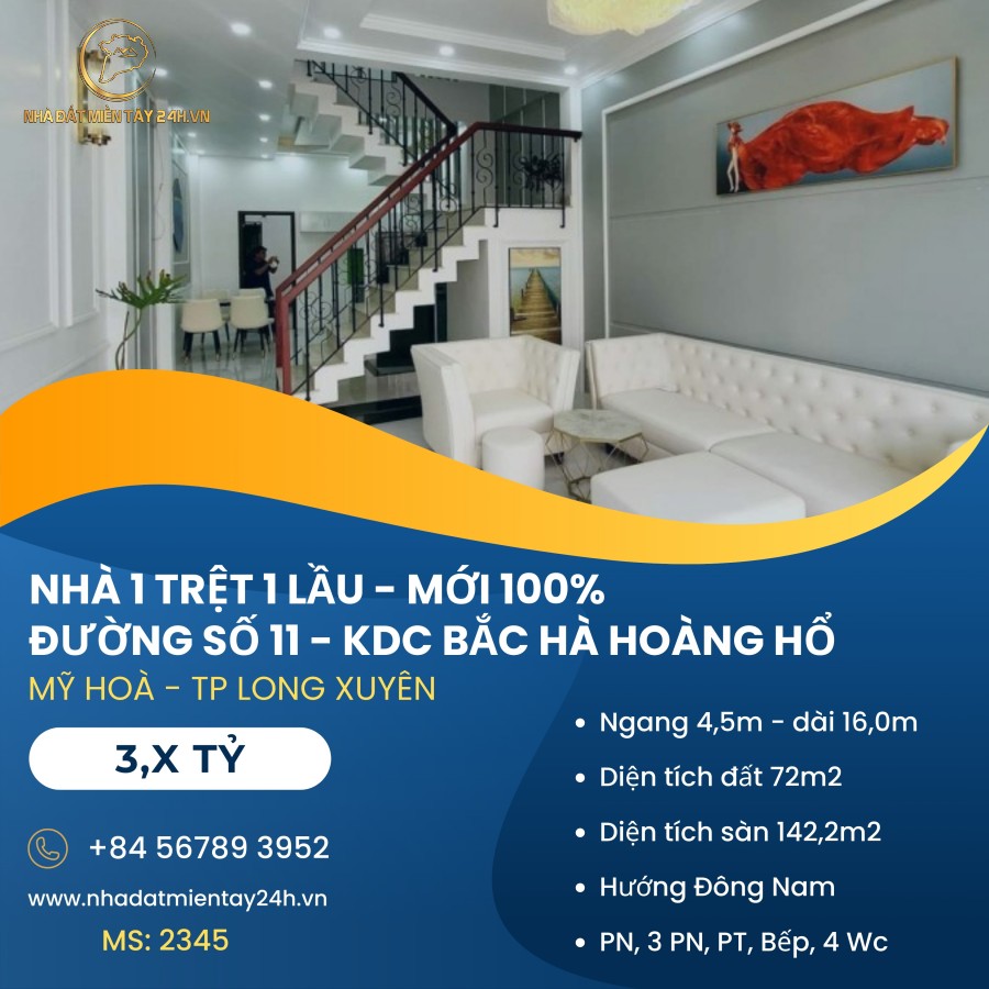 BÁN NHÀ 1 TRỆT 1 LẦU MỚI 100% FULL NỘI THẤT-TẠI KDC BẮC HÀ HOÀNG HỔ, PHƯỜNG MỸ HÒA 